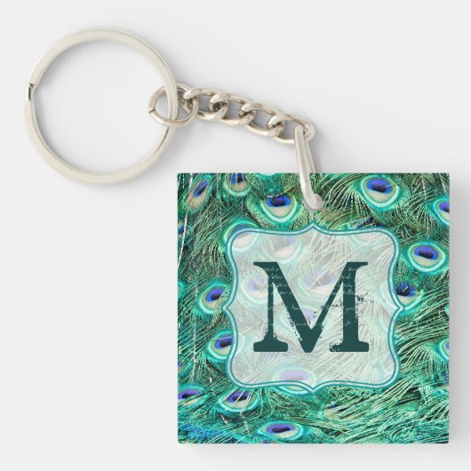 Peacock Bird Feather Blauwgroen Turquoise Vint Sle Sleutelhanger (Voorkant)