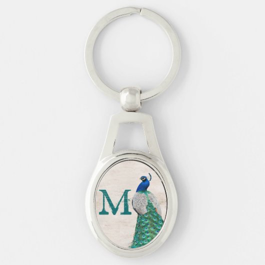 Peacock Bird Feather Blauwgroen Turquoise Vint Sle Sleutelhanger (Voorkant)
