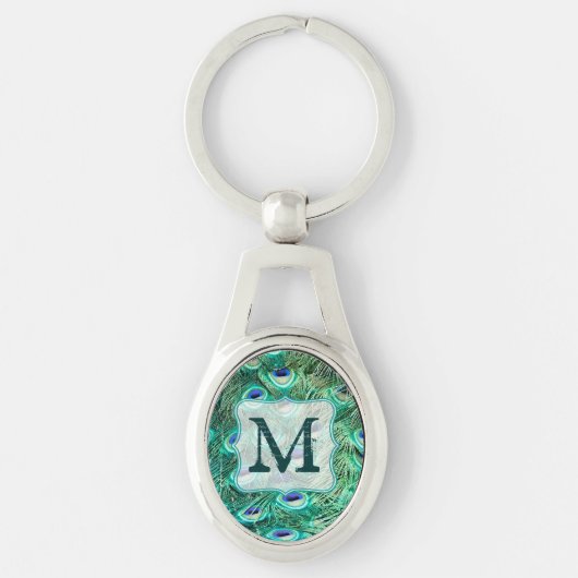 Peacock Bird Feather Blauwgroen Turquoise Vint Sle Sleutelhanger (Voorkant)