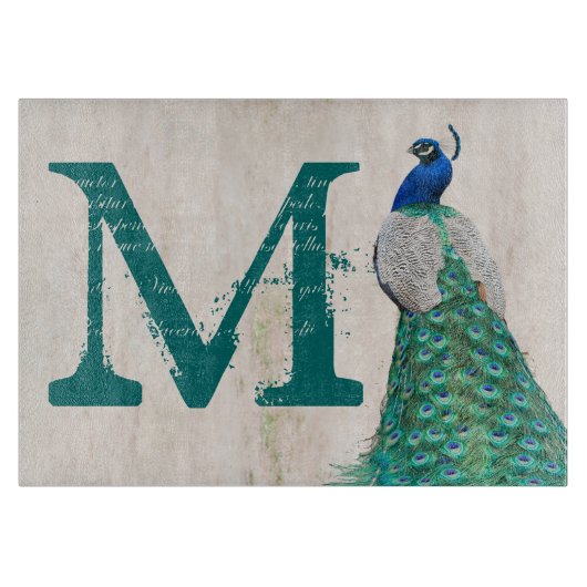 Peacock Bird Feather Monogram Glass Cutting Board Snijplank (Voorkant)