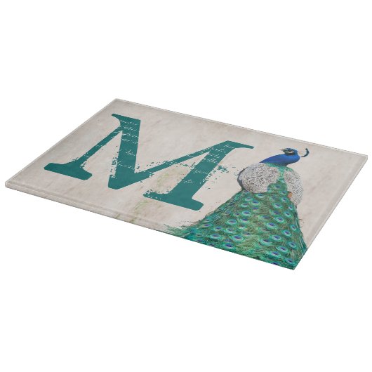 Peacock Bird Feather Monogram Glass Cutting Board Snijplank (Hoek)