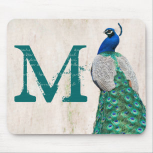 Peacock Bird Feather Monogram Initiaal Muismat