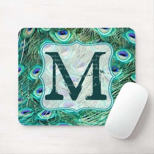 Peacock Bird Feather Monogram Initiaal Muismat (Met muis)