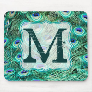 Peacock Bird Feather Monogram Initiaal Muismat