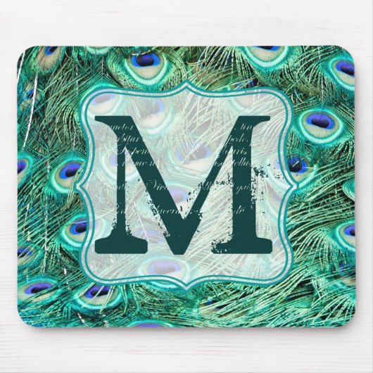 Peacock Bird Feather Monogram Initiaal Muismat (Voorkant)