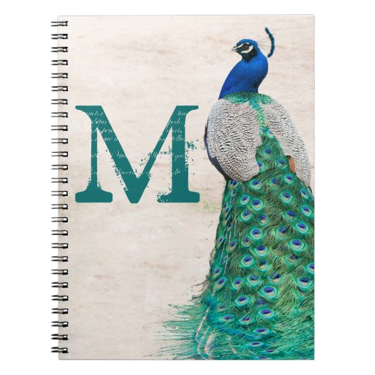 Peacock Bird Feather Monogram Initiaal Note Book Notitieboek (Voorkant)