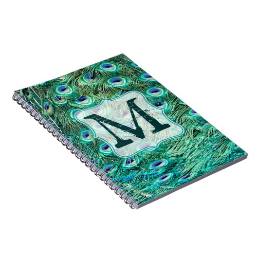 Peacock Bird Feather Monogram Initiaal Note Book Notitieboek (Rechterzijde)