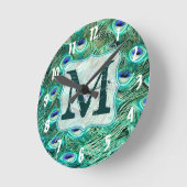Peacock Bird Feather Monogram Initial Wall Clock Ronde Klok (Hoek)