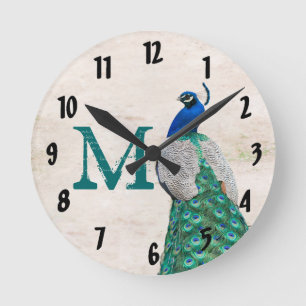 Peacock Bird Feather Monogram Initial Wall Clock Ronde Klok