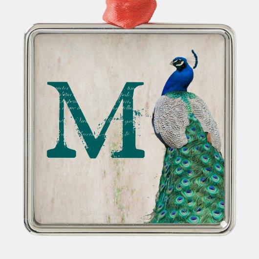 Peacock Bird Feather Tea Monogram Initiaal Metalen Ornament (Voorkant)