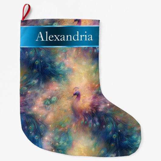 Peacock Bird Feathers Blauw Goud Kerstnaam Grote Kerstsok (Voorkant)