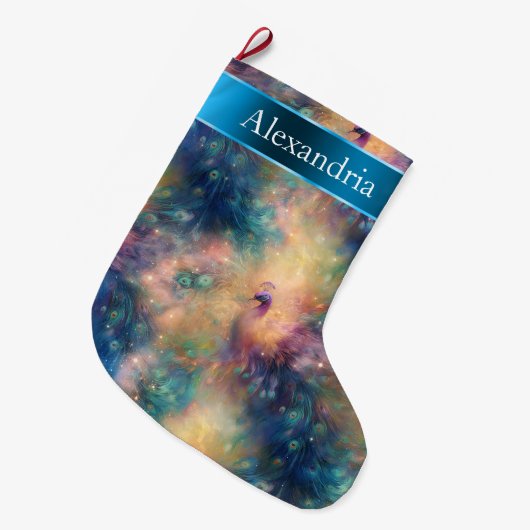 Peacock Bird Feathers Blauw Goud Kerstnaam Grote Kerstsok (Voorkant (Hangend))