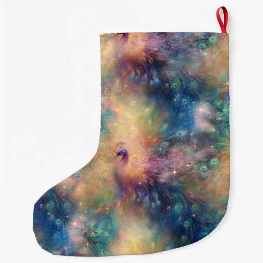 Peacock Bird Feathers Blauw Goud Kerstnaam Grote Kerstsok (Achterkant)