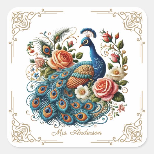Peacock Bird Floral Art Vierkante Sticker (Voorkant)