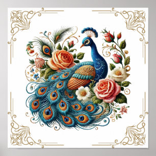 Peacock Bird Floral Poster