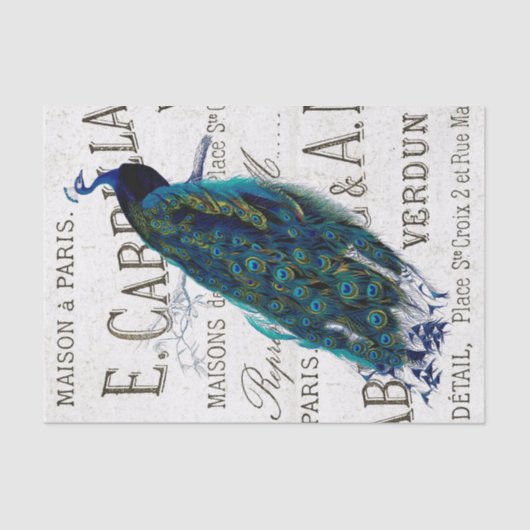 Peacock Bird French Script Ephemera Decoupage Tissuepapier (Voorkant)