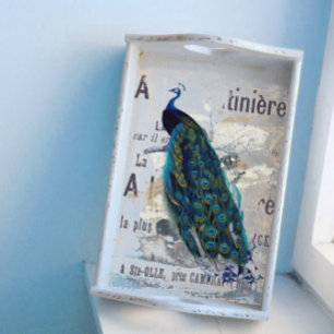 Peacock Bird French Typography and Blue Decoupage Tissuepapier