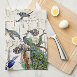 Peacock Bird Kingfisher Zee Turtle French Ephemera Theedoek
