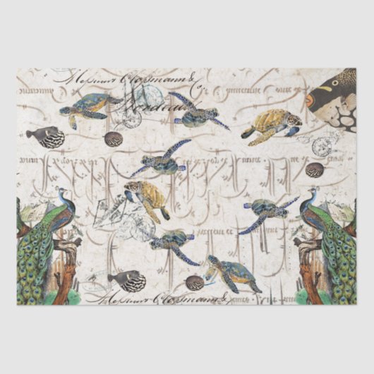 Peacock Bird Zee Turtle Blowfish French Ephemera Tissuepapier (Voorkant)