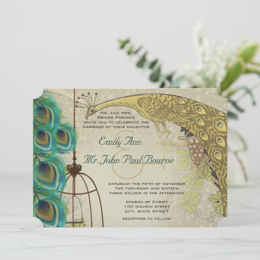 Peacock Birdcage Veather Wedding Kaart (Staand voorkant)