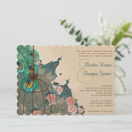  Peacock Birdcage Wedidng Kaart (Staand voorkant)