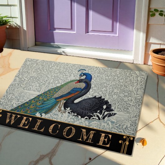 Peacock & Black Swan Art Nuovo Bloemen Winter /Gou Deurmat