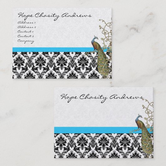 Peacock Black White Damask Bright Aqua Trim Visitekaartje (Voorkant / Achterkant)