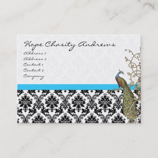 Peacock Black White Damask Bright Aqua Trim Visitekaartje (Voorkant)