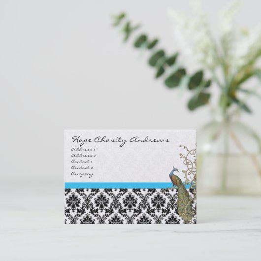 Peacock Black White Damask Bright Aqua Trim Visitekaartje (Staand voorkant)
