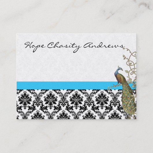 Peacock Black White Damask Bright Aqua Trim Visitekaartje (Achterkant)