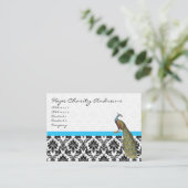 Peacock Black White Damask Bright Aqua Trim Visitekaartje (Staand voorkant)