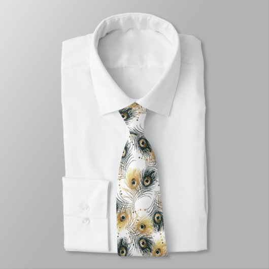 Peacock Black White Gold Mannen Necktie Stropdas (Gebonden)