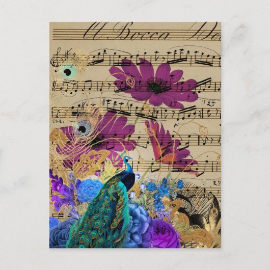 Peacock, Blad Music en Flowers Briefkaart (Voorkant)