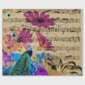 Peacock, Blad Music en Flowers Cadeaupapier (Vlak)