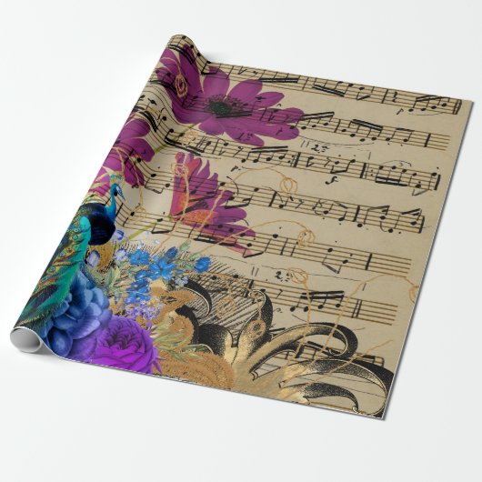 Peacock, Blad Music en Flowers Cadeaupapier (Uitgerold)