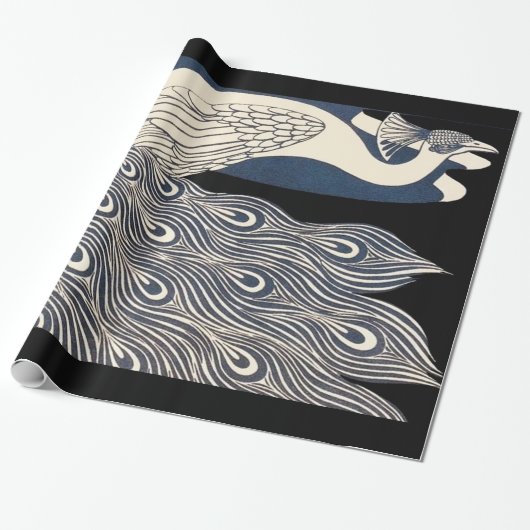 Peacock  Blauw Art Nouveau Art Cadeaupapier (Uitgerold)