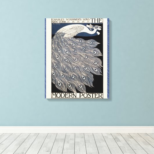 Peacock  Blauw Art Nouveau Art Canvas Afdruk (Insitu (Houten vloer))