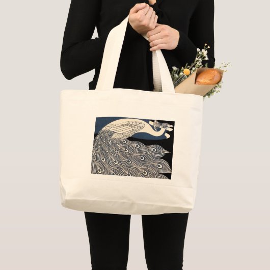 Peacock Blauw Art Nouveau Art Grote Tote Bag (Voorkant (product))