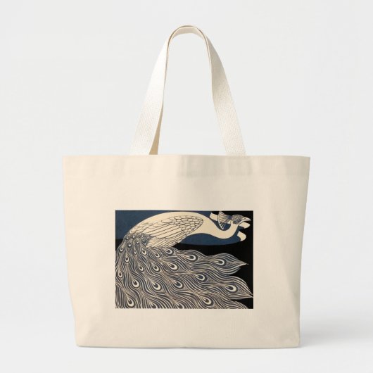 Peacock  Blauw Art Nouveau Art Grote Tote Bag (Voorkant)