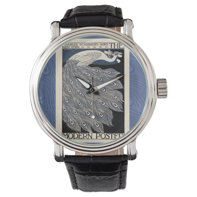 Peacock  Blauw Art Nouveau Art Horloge (Voorkant)