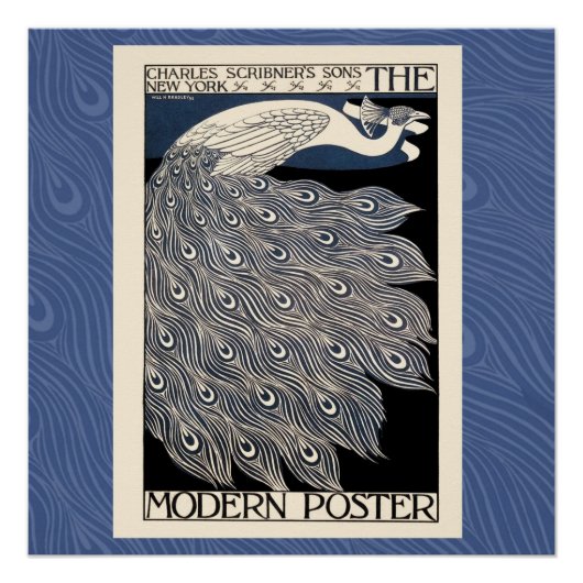 Peacock  Blauw Art Nouveau Art Poster (Voorkant)