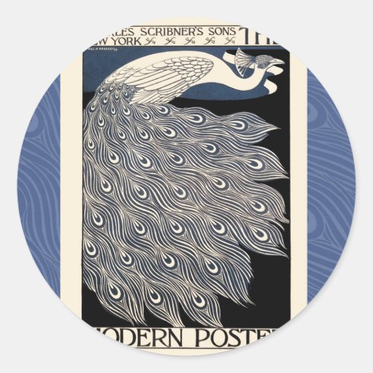 Peacock  Blauw Art Nouveau Art Ronde Sticker (Voorkant)