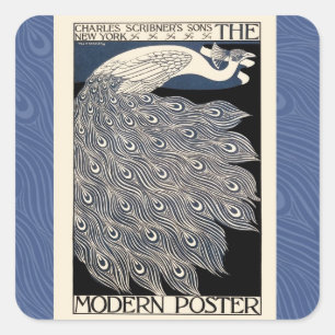 Peacock  Blauw Art Nouveau Art Vierkante Sticker