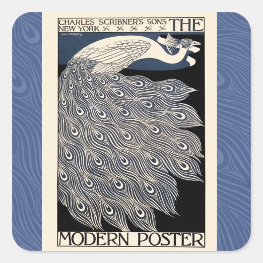 Peacock  Blauw Art Nouveau Art Vierkante Sticker (Voorkant)
