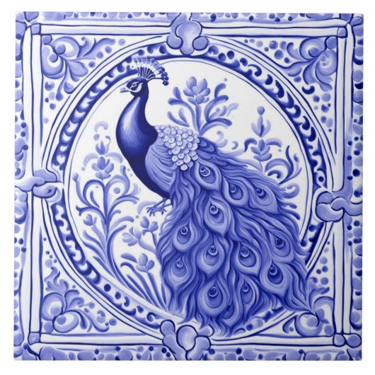 Peacock Blauw en Wit Portugees Europees Tegeltje (Voorkant)
