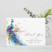 Peacock blauw goud foto bruiloft bedankkaart (Staand voorkant)
