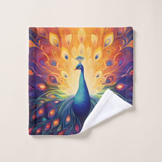 Peacock - Blauw Groen Roze Sinaasappel Gele Veren Bad Handdoek (Wasdoekje)