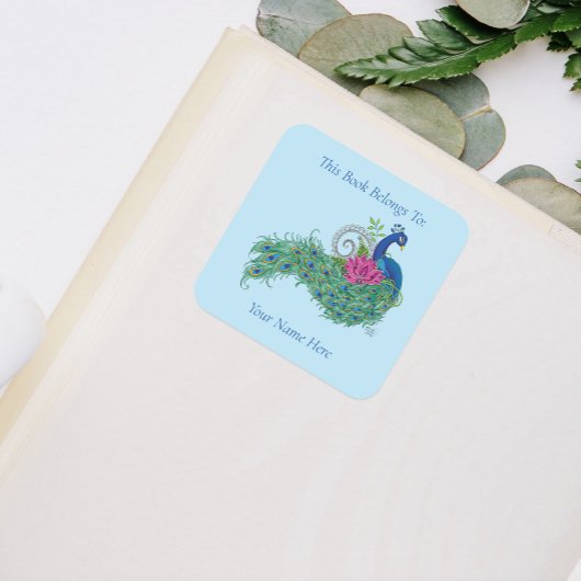 Peacock Blauw Lotus Bloem Henna Boekplaat Vierkante Sticker
