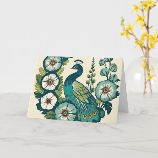  Peacock Blauwe en Groene pauwen Kaart (Gele Bloem)
