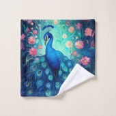 Peacock - Blauwe Groene Aqua Veren & Roze Bloemen Bad Handdoek (Wasdoekje)